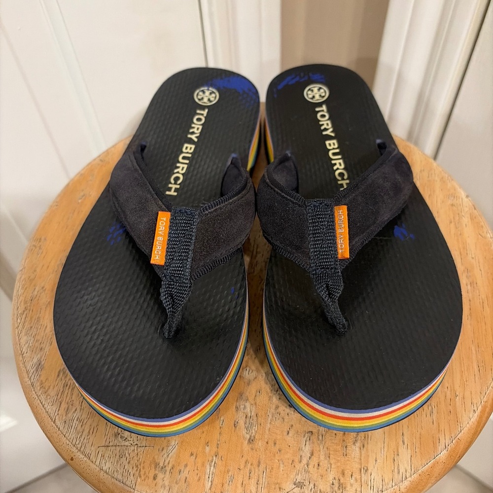 Tory Burch Womens Rainbow Platform Flip Flop Sandal Black 7M Wedge Striped Sole
